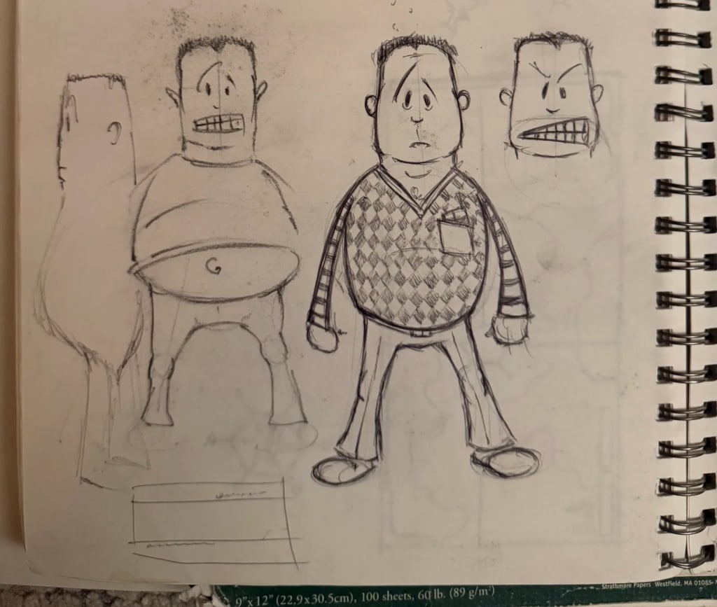 Sketches of cartoonish male characters with various expressions and body types in a spiral notebook.