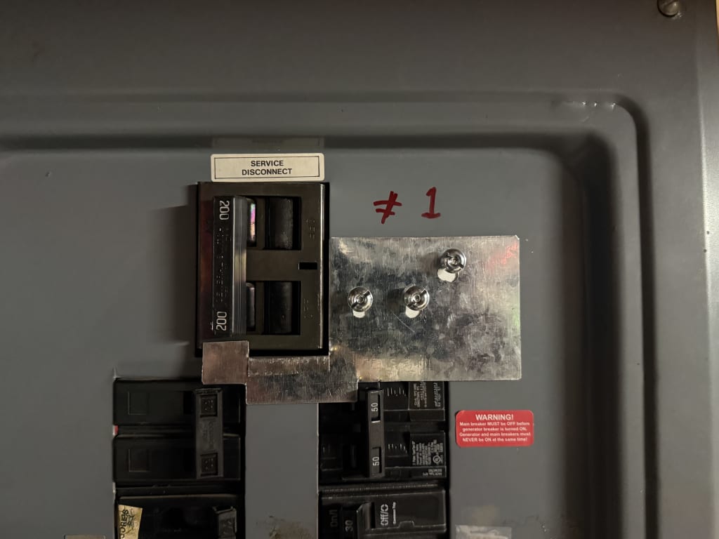 I installed the interlocking plate so that it is physically impossible to flip the generator switch on without first flipping the main off. And the other way around.