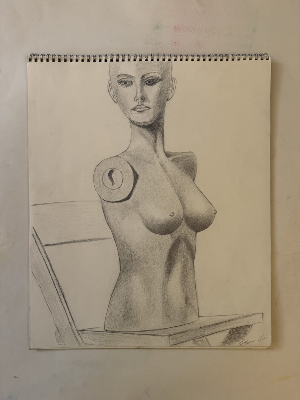 A detailed pencil drawing of a mannequin torso with a missing arm on a stand.  I stared at this one way too long, I’m afraid.  I think this specific mannequin even had a name.   I should reach out to some old school mates and see if they remember it.