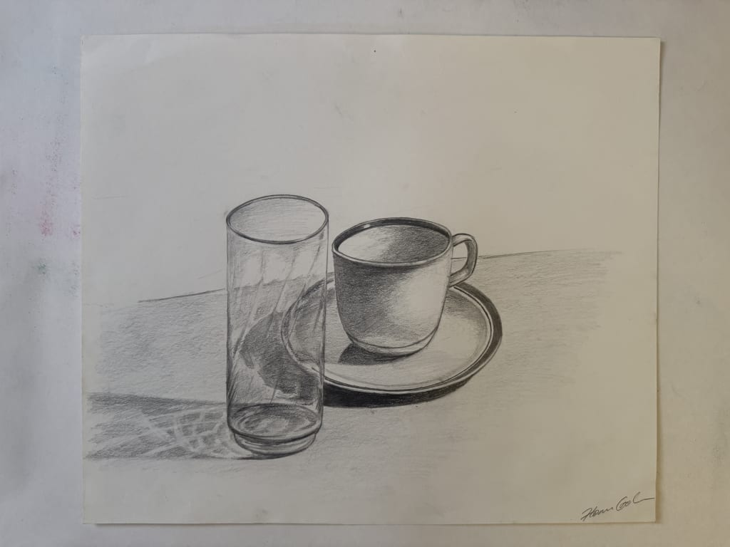The roundness of the glass and cup is no perfect, but in general this is a pretty good drawing, if I may say so myself.