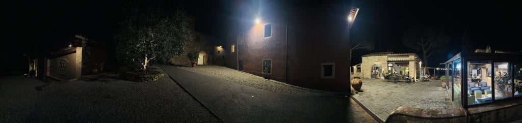 Our hotel grounds at night.