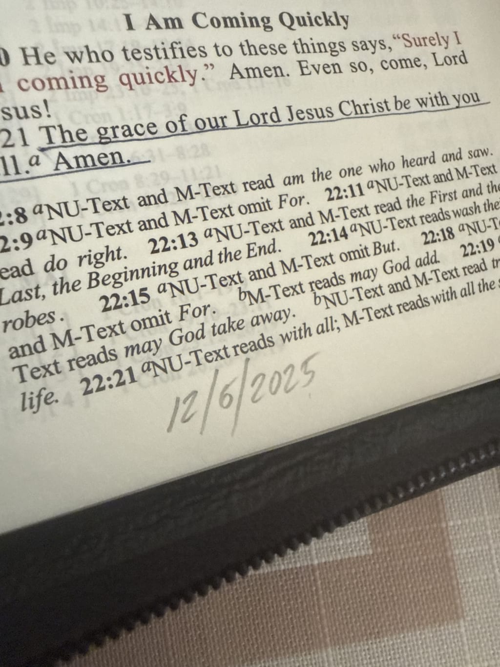 I finished reading the Bible end to end last year on 12/6.

