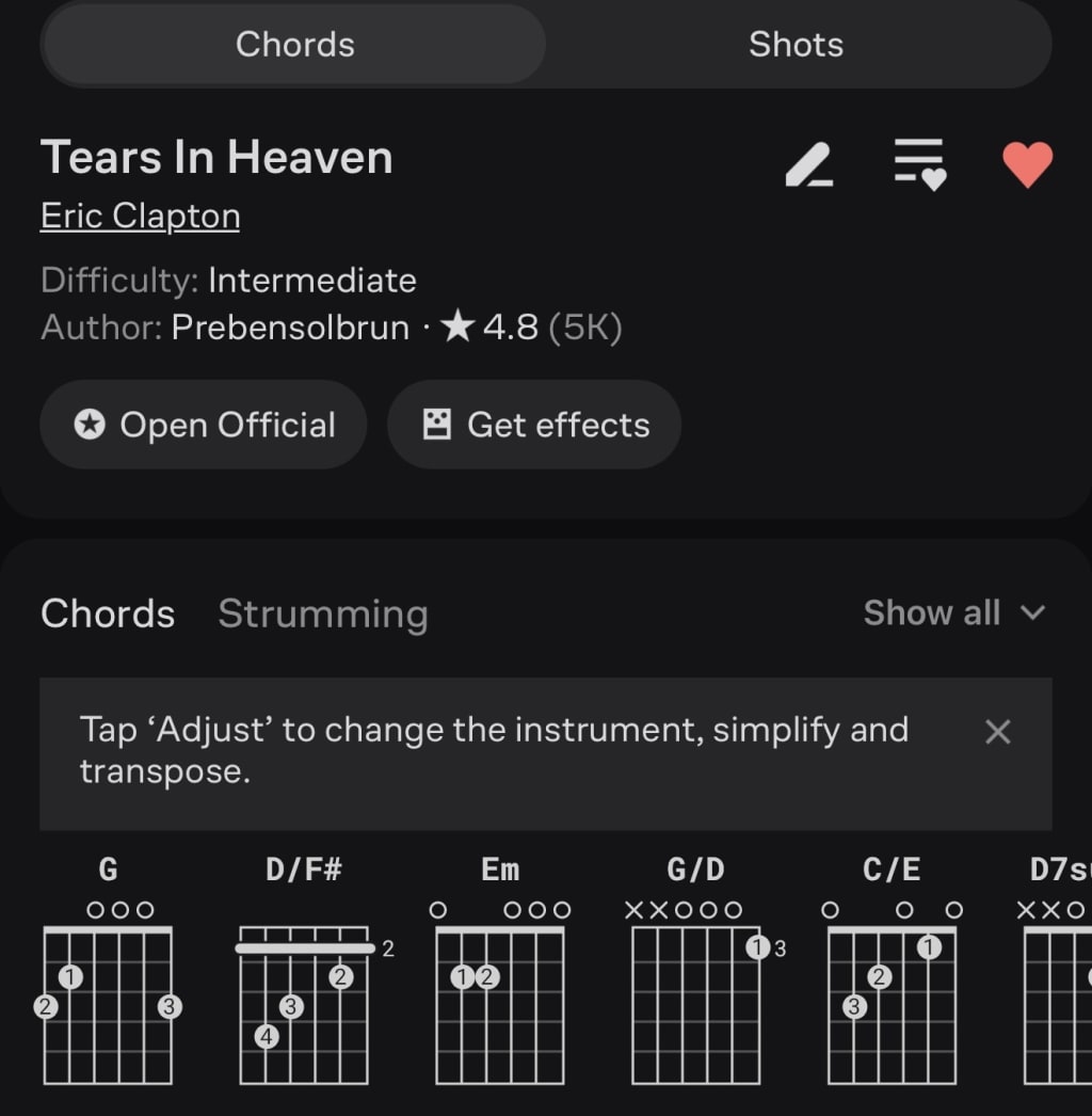 The song I almost always start playing first when I get my hands on the guitar after a longer time of not playing very regularly is - Tears in Heaven, by the one and only and my all time most favorite musician - Eric Clapton