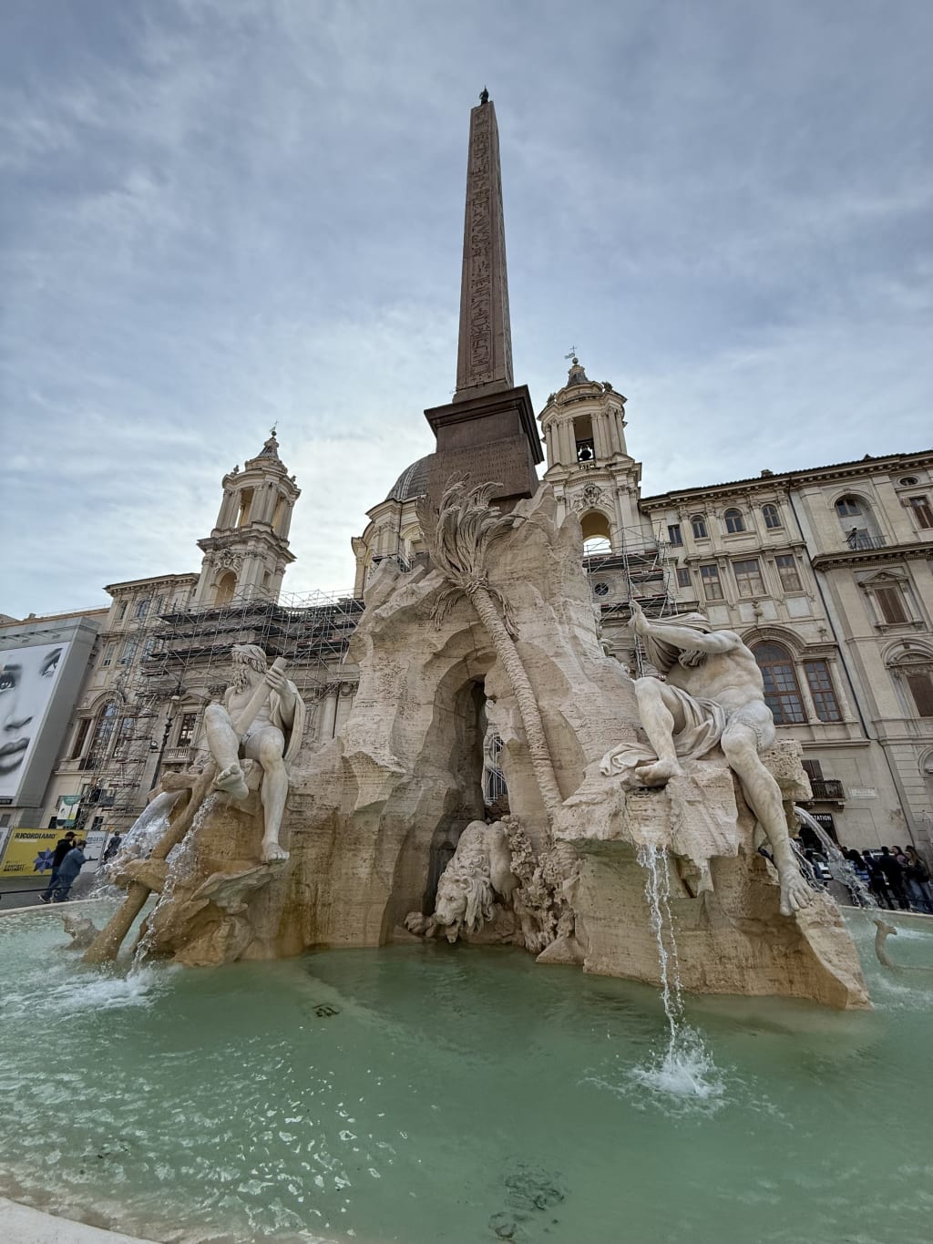 The Fontana dei Quattro Fiumi fountain with the obelisk in Piazza Navona, Rome.