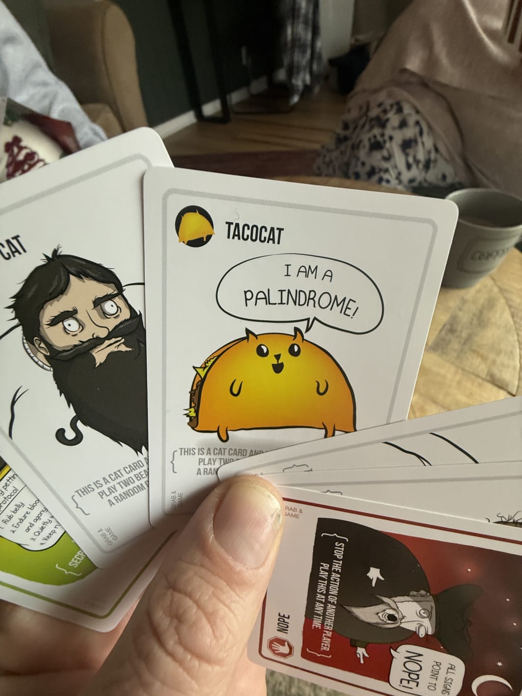 A hand holding several Tacocat game cards, including one saying "I am a palindrome!"