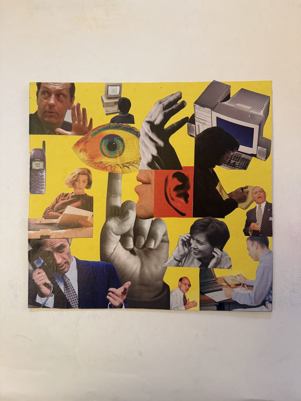 A collage featuring people using technology, communication devices, and expressive hand gestures on a yellow background.