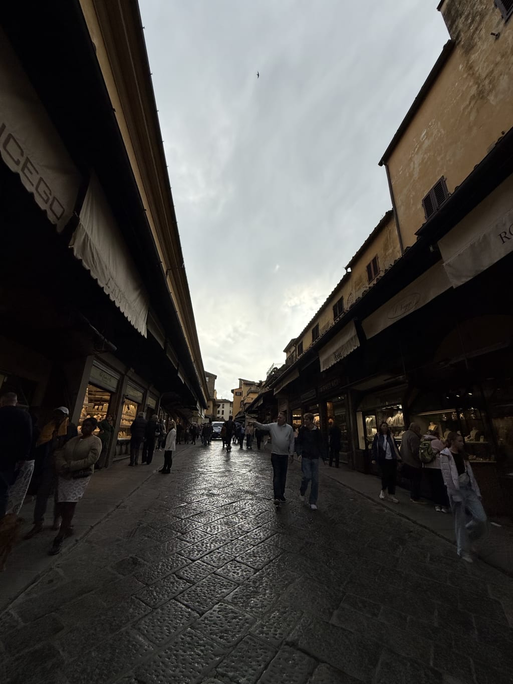 On the Ponte Vecchio, a cobblestone street lined with shops and people walking under an overcast sky.