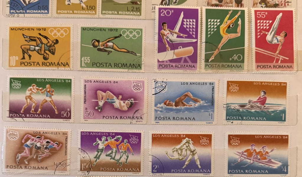 A collection of vintage Posta Romana stamps featuring Olympic sports from 1972 and 1984.