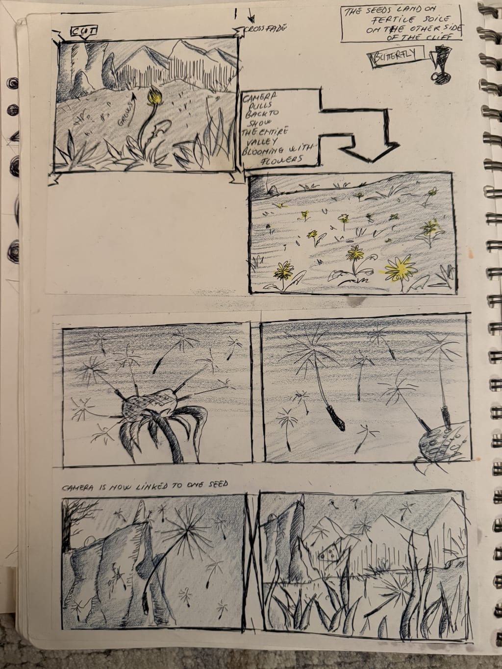 Storyboard depicting flower growth, seed dispersal by wind, and camera movements across a blooming valley.