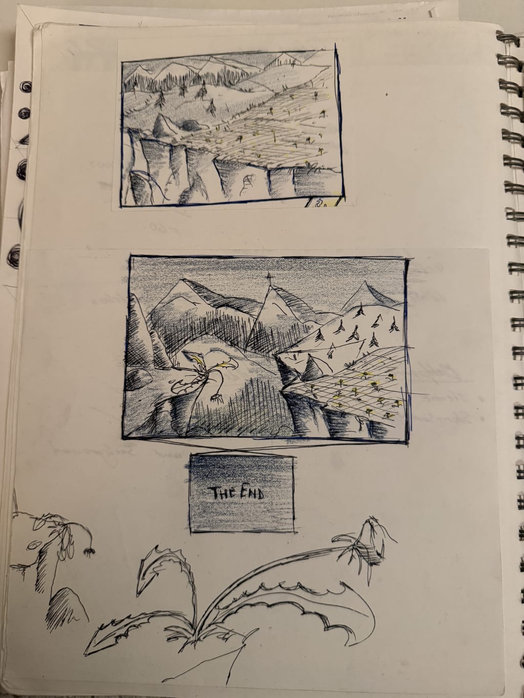 Two-panel landscape drawing featuring mountains, cliffs, and a yellow flower with "THE END" text.