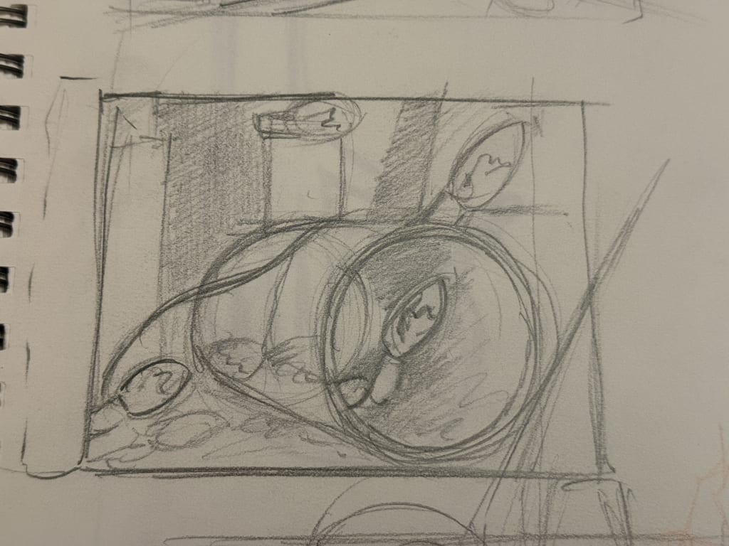 The final watercolor is clearly related to this composition sketch.