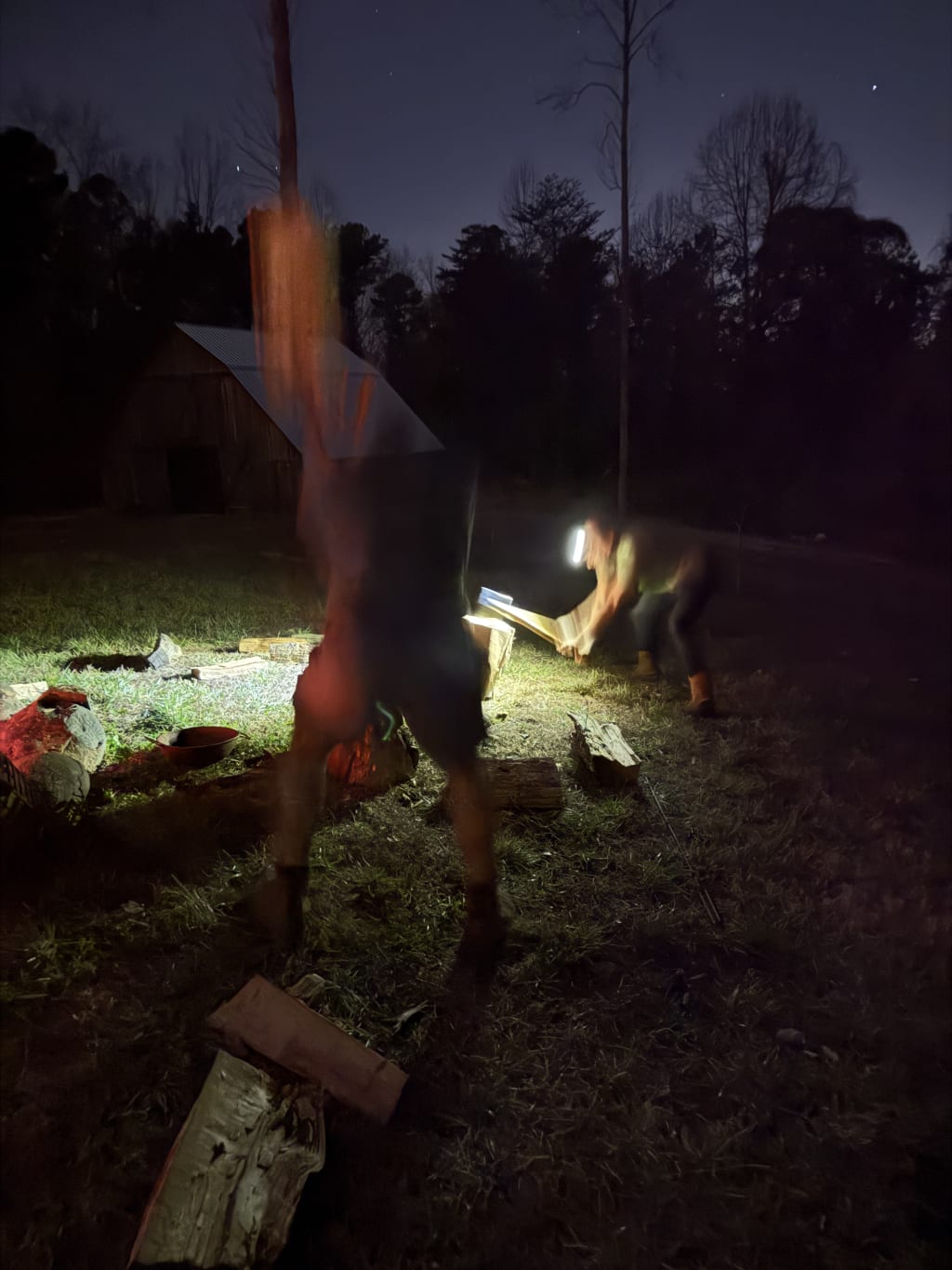 Swinging hard, cracking wood.