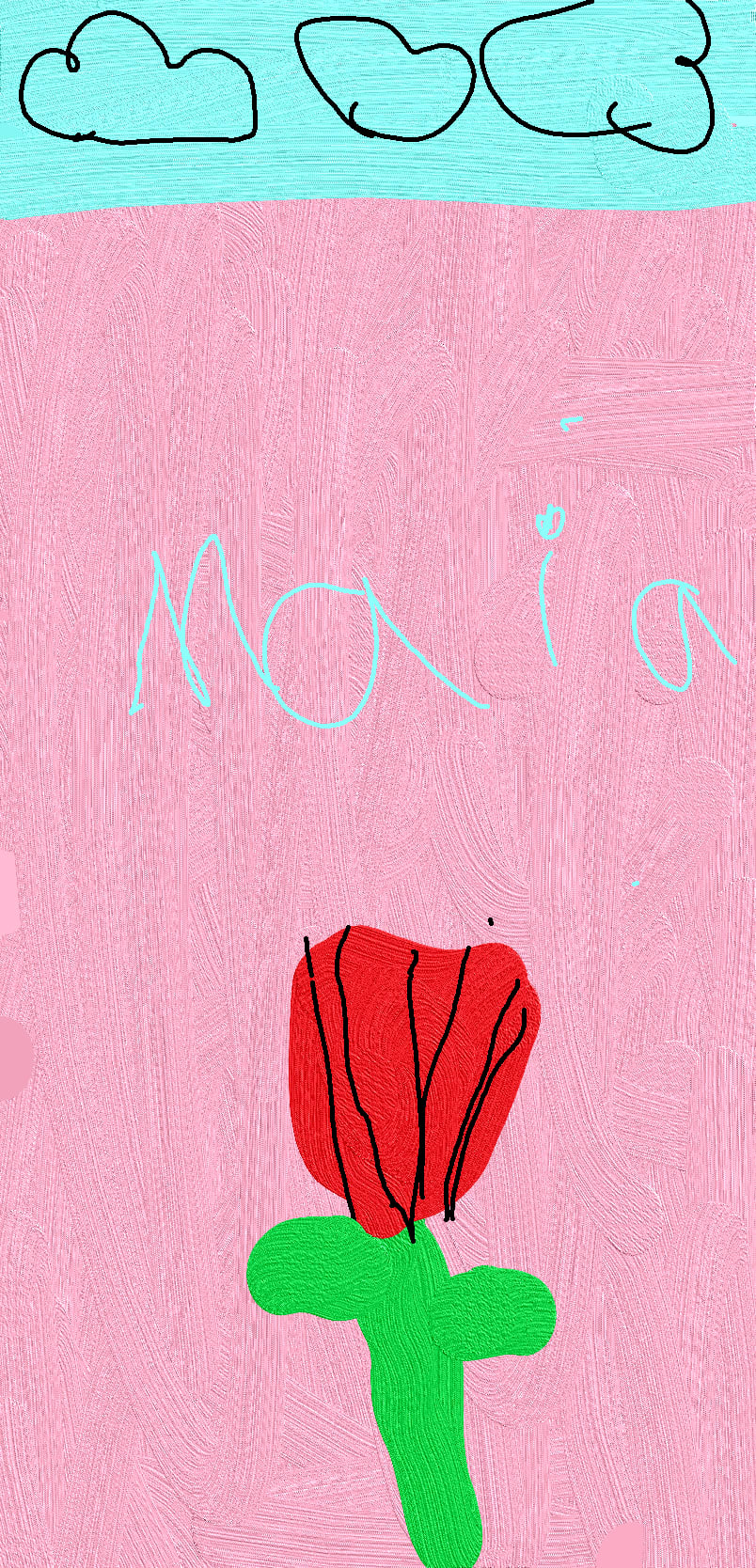 A child's drawing of a red flower with green stem, pink background, blue sky, black clouds, and "Moria" written.