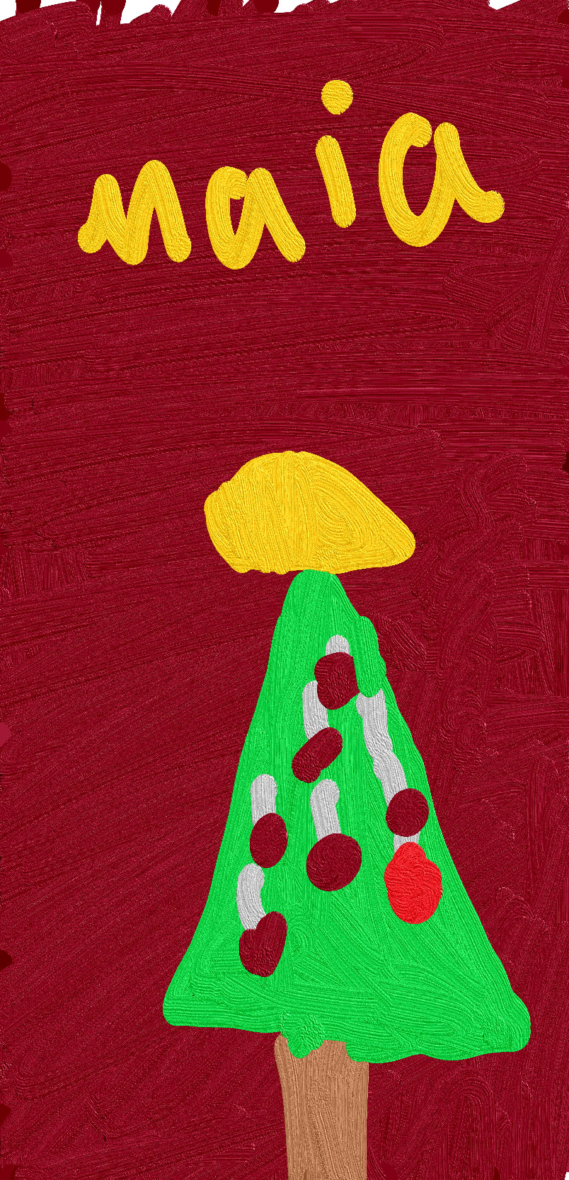 A stylized Christmas tree with decorations and a yellow star on top on a red background.