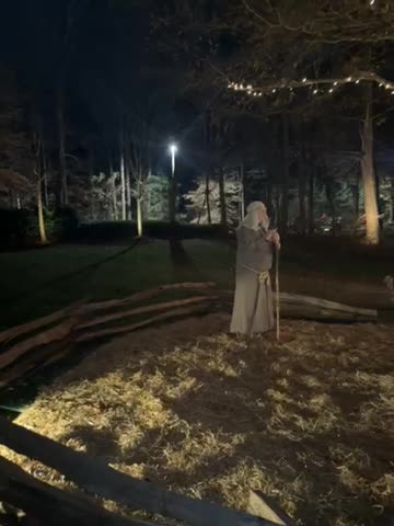 A shepherd in a cloak holding a staff stands in a lit outdoor area at night.