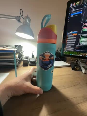 A hand holds a colorful water bottle on a desk with a lamp and computer.