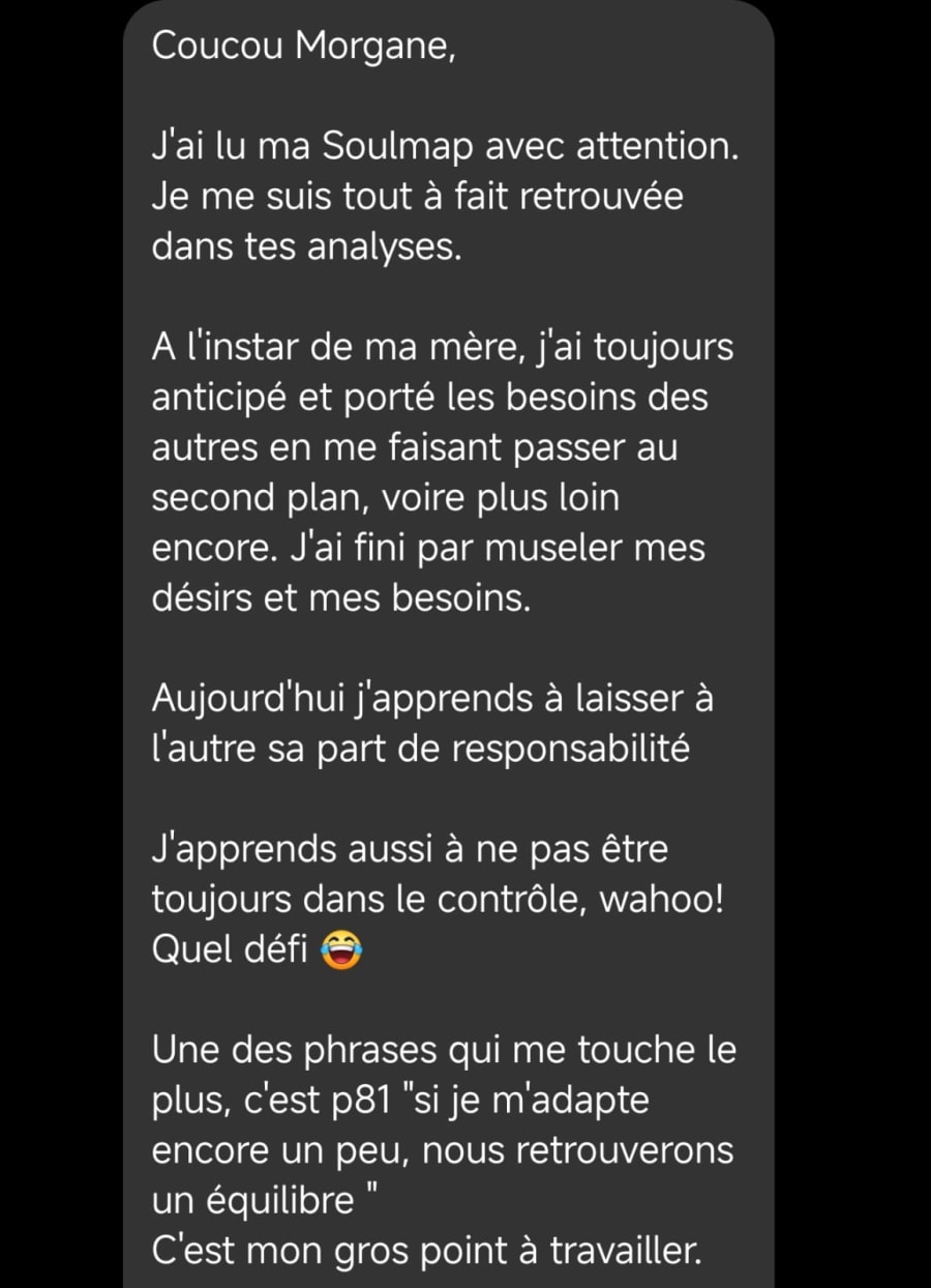 Capture du retour d’une cliente : Aujourd’hui j’apprends à laisser à l’autre sa part de responsabilité.