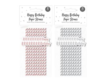 Happy Birthday Paper Straws 10pk Div.Farger