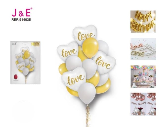 J&E Party Gold/White "love" Balloon Set 16stk