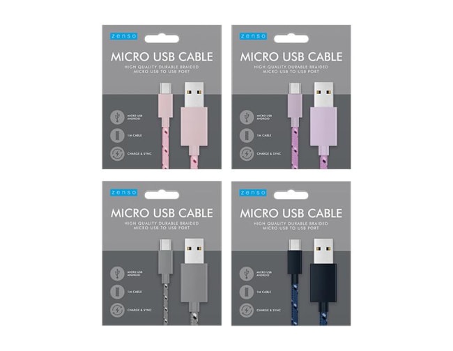 Zenso Braided Micro To USB Cable 1m Div.Farger
