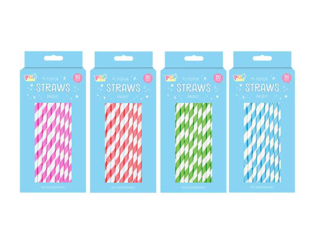 Pop Paper Straws Stripes 50pk Div.Farger