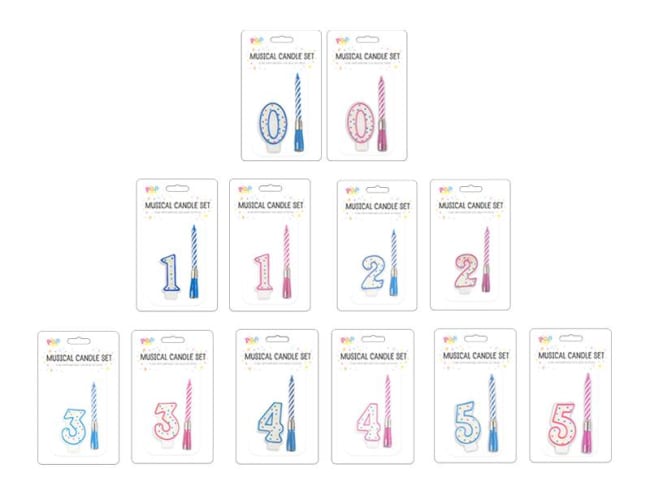 Pop Bursdagslys m/Musikk Nr.0-9 Div.Farger