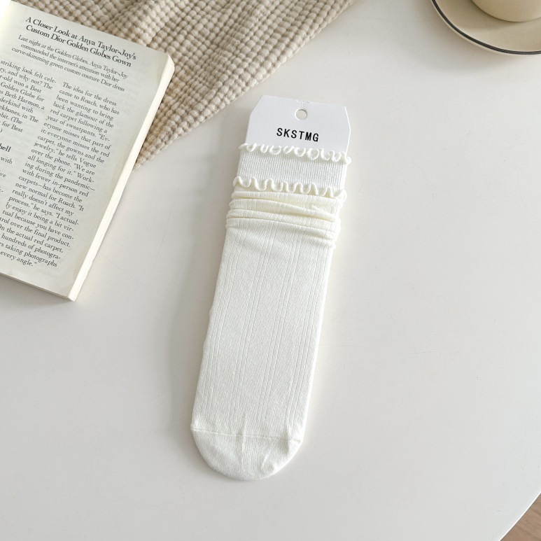 Vớ Cổ Cao Viền Bèo Nữ Hàn Quốc - Tất Gân Tăm Cotton Co Giãn Bồng Bềnh