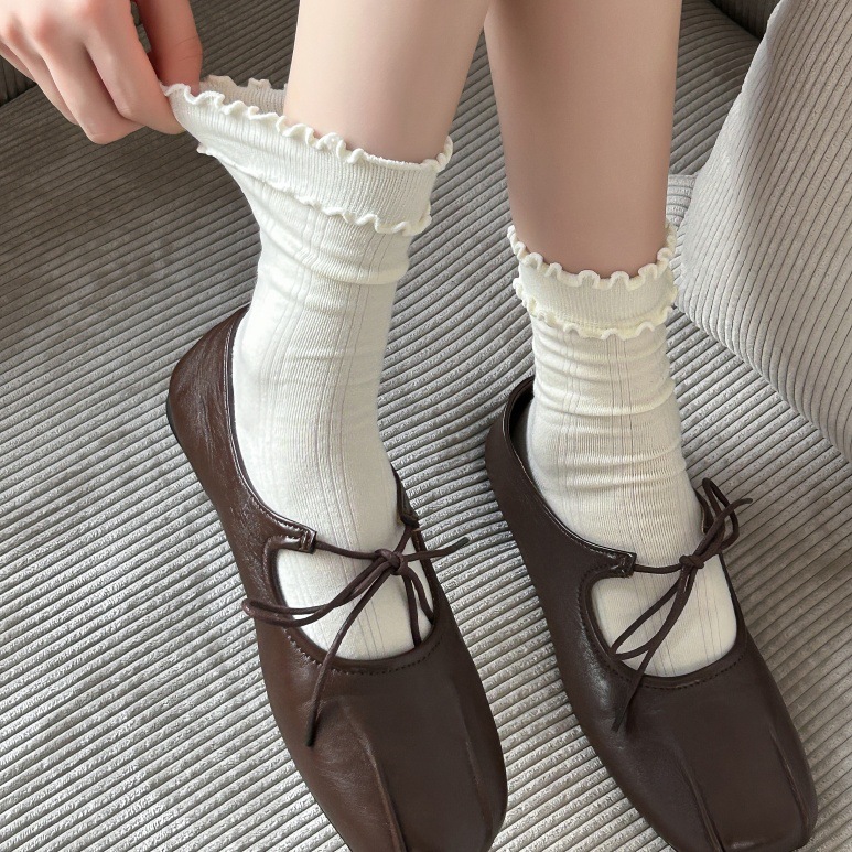 Vớ Cổ Cao Viền Bèo Nữ Hàn Quốc - Tất Gân Tăm Cotton Co Giãn Bồng Bềnh