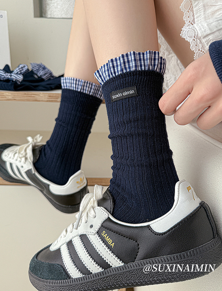 Vớ Cổ Cao Nữ Xanh Navy Phối Nơ Caro - Tất Gân Tăm Cotton Co Giãn Vintage