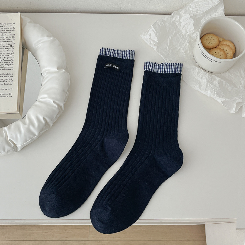 Vớ Cổ Cao Nữ Xanh Navy Phối Nơ Caro - Tất Gân Tăm Cotton Co Giãn Vintage