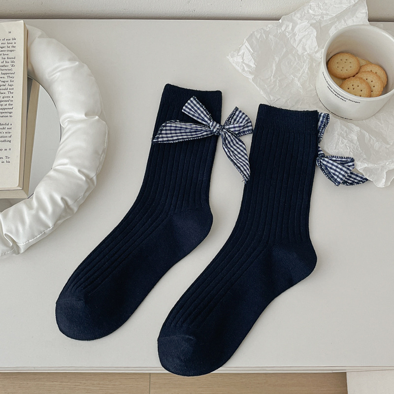 Vớ Cổ Cao Nữ Xanh Navy Phối Nơ Caro - Tất Gân Tăm Cotton Co Giãn Vintage
