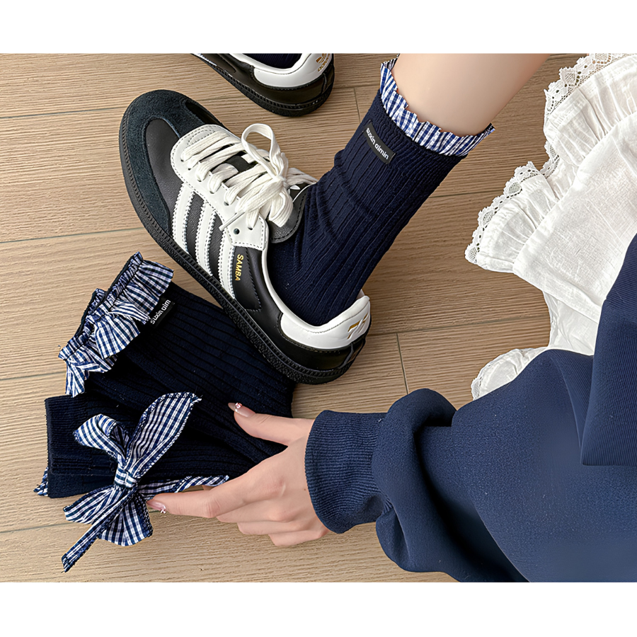 Vớ Cổ Cao Nữ Xanh Navy Phối Nơ Caro - Tất Gân Tăm Cotton Co Giãn Vintage