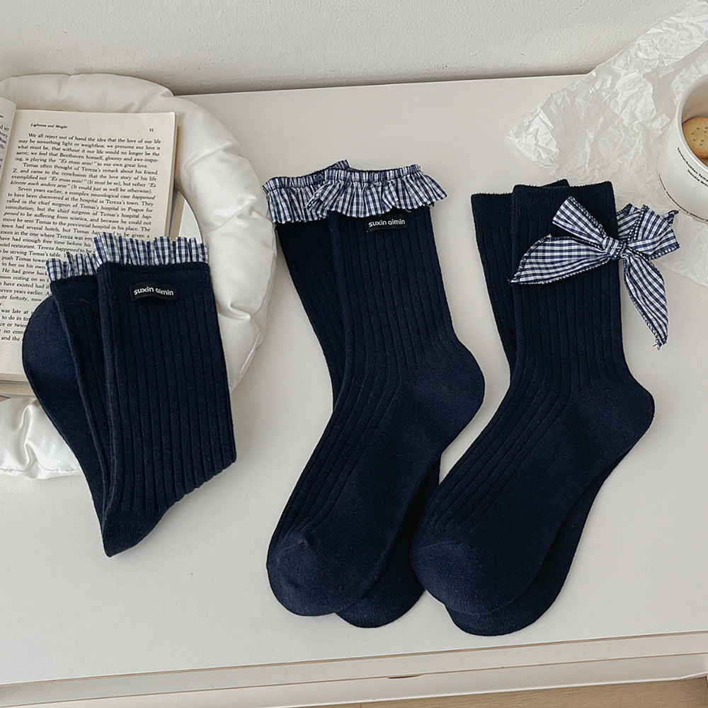 Vớ Cổ Cao Nữ Xanh Navy Phối Nơ Caro - Tất Gân Tăm Cotton Co Giãn Vintage