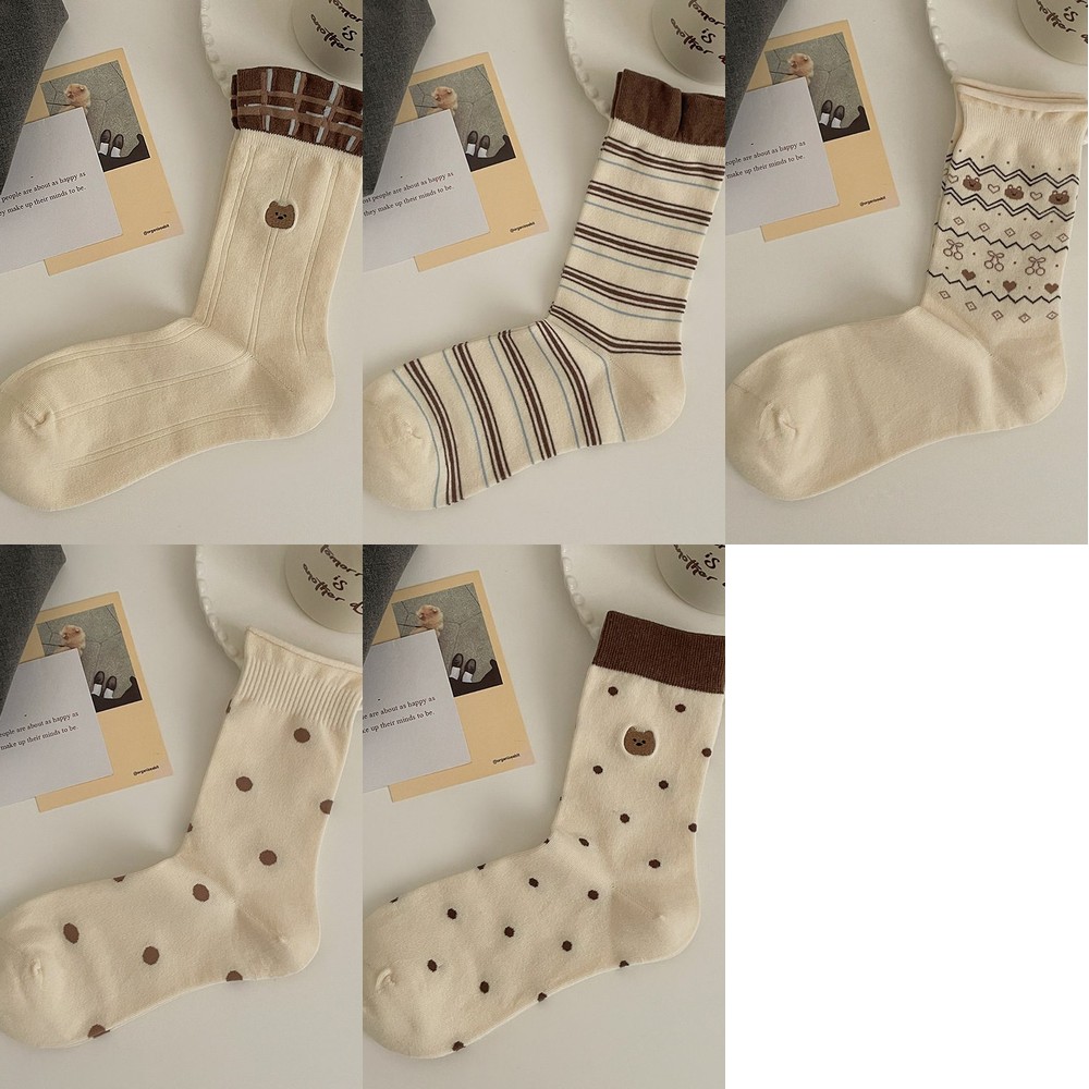 Vớ Cổ Trung Nữ Thêu Gấu Nâu Dễ Thương - Tất Cotton Họa Tiết Chấm Bi Sọc Ngang Vintage