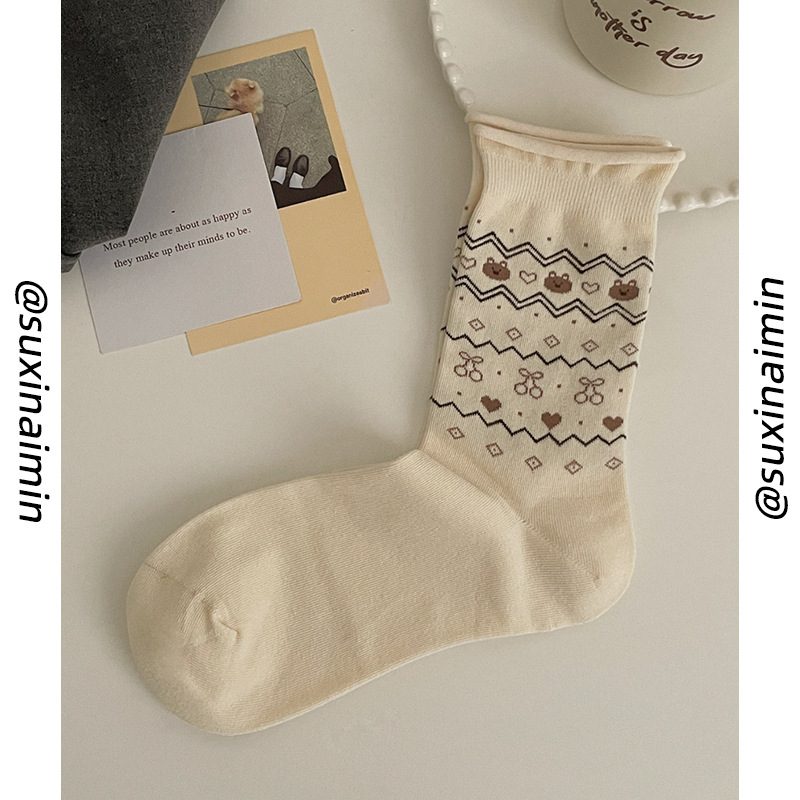 Vớ Cổ Trung Nữ Thêu Gấu Nâu Dễ Thương - Tất Cotton Họa Tiết Chấm Bi Sọc Ngang Vintage