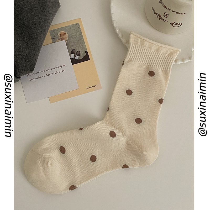 Vớ Cổ Trung Nữ Thêu Gấu Nâu Dễ Thương - Tất Cotton Họa Tiết Chấm Bi Sọc Ngang Vintage