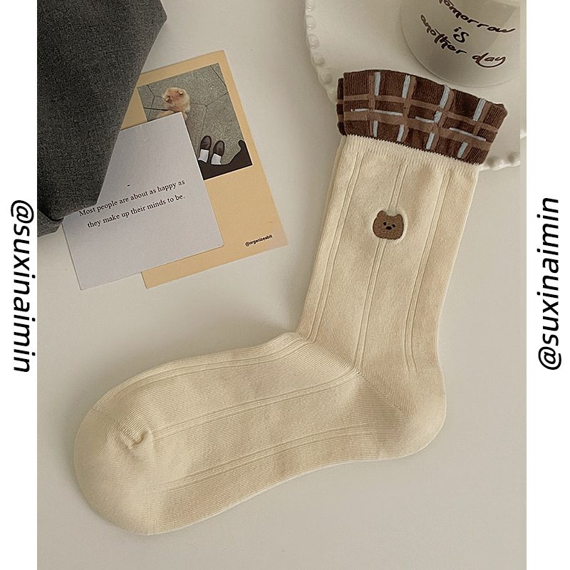 Vớ Cổ Trung Nữ Thêu Gấu Nâu Dễ Thương - Tất Cotton Họa Tiết Chấm Bi Sọc Ngang Vintage