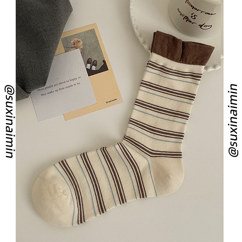 Vớ Cổ Trung Nữ Thêu Gấu Nâu Dễ Thương - Tất Cotton Họa Tiết Chấm Bi Sọc Ngang Vintage