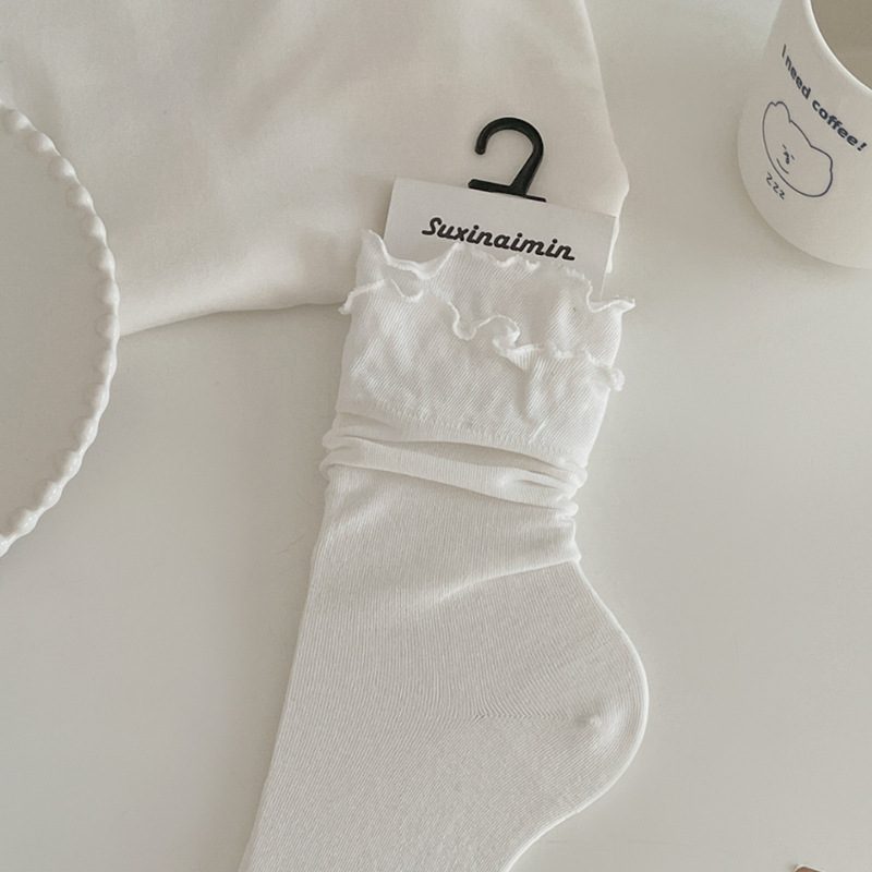 Vớ Cổ Trung Nữ Viền Bèo Đôi Mỏng Nhẹ - Tất Cotton Nhún Bồng Bềnh Phong Cách Nhật Bản