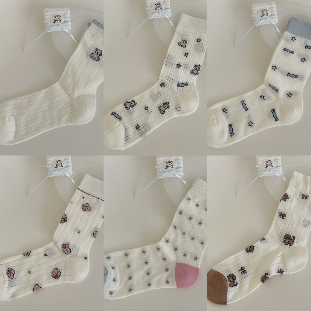 Vớ Cổ Trung Nữ Họa Tiết Chú Chó Kẹo Ngôi Sao Dễ Thương - Tất Cotton Dệt Lỗ Phong Cách Nhật Bản