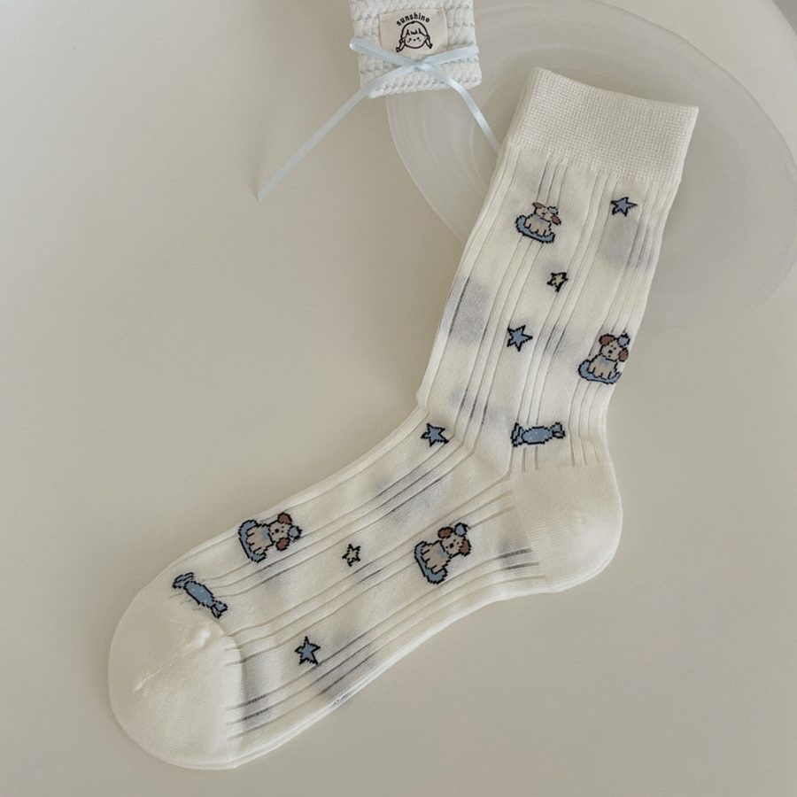 Vớ Cổ Trung Nữ Họa Tiết Chú Chó Kẹo Ngôi Sao Dễ Thương - Tất Cotton Dệt Lỗ Phong Cách Nhật Bản