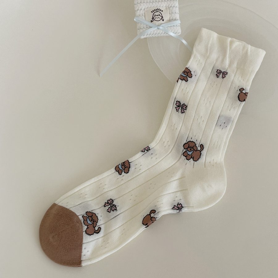 Vớ Cổ Trung Nữ Họa Tiết Chú Chó Kẹo Ngôi Sao Dễ Thương - Tất Cotton Dệt Lỗ Phong Cách Nhật Bản