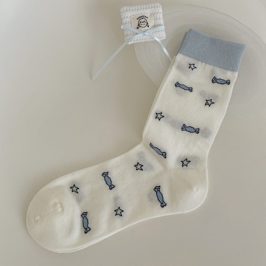 Vớ Cổ Trung Nữ Họa Tiết Chú Chó Kẹo Ngôi Sao Dễ Thương - Tất Cotton Dệt Lỗ Phong Cách Nhật Bản