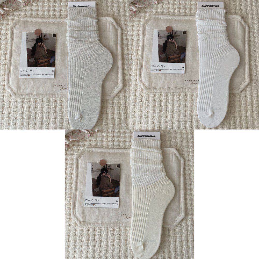 Vớ Dài Nữ Dệt Gân Nhún Chồng Basic - Tất Cotton Trơn Phong Cách Nhật Bản