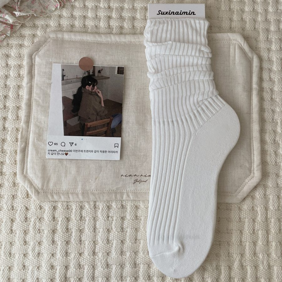 Vớ Dài Nữ Dệt Gân Nhún Chồng Basic - Tất Cotton Trơn Phong Cách Nhật Bản