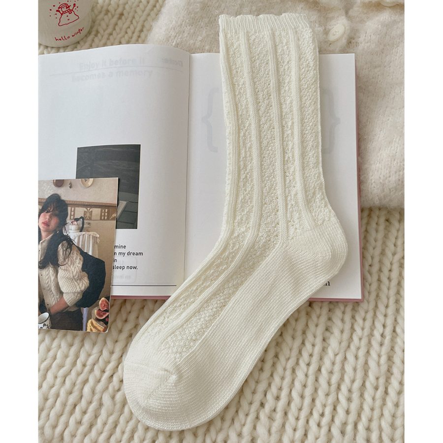 Vớ Cổ Trung Nữ Dệt Lỗ Cổ Điển Viền Nhún Vintage - Tất Cotton Dệt Kim Phong Cách Retro