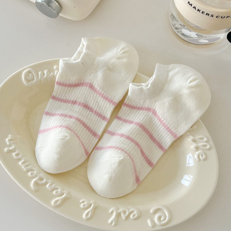 Vớ Lười Cổ Thấp Nữ Kẻ Sọc Ngang Mảnh Pastel - Tất Cotton Mỏng Thoáng Mát Phong Cách Hàn Quốc