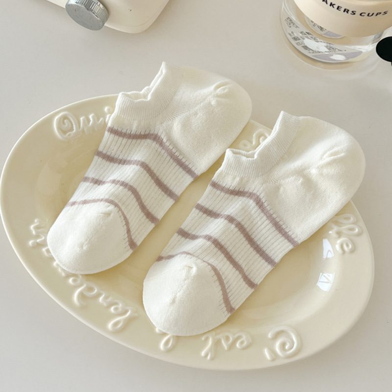Vớ Lười Cổ Thấp Nữ Kẻ Sọc Ngang Mảnh Pastel - Tất Cotton Mỏng Thoáng Mát Phong Cách Hàn Quốc