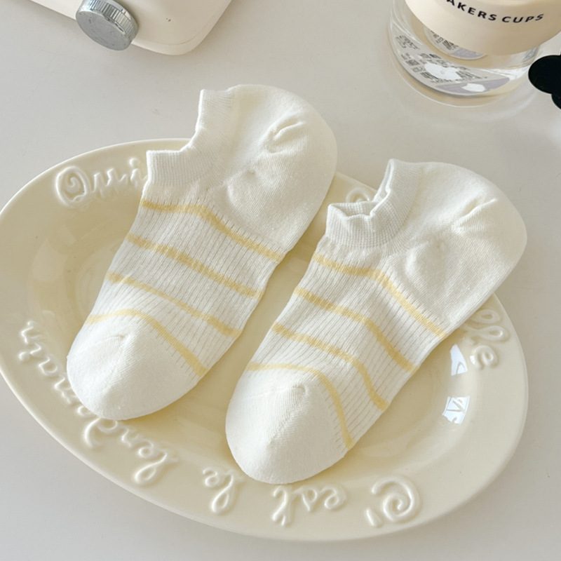 Vớ Lười Cổ Thấp Nữ Kẻ Sọc Ngang Mảnh Pastel - Tất Cotton Mỏng Thoáng Mát Phong Cách Hàn Quốc