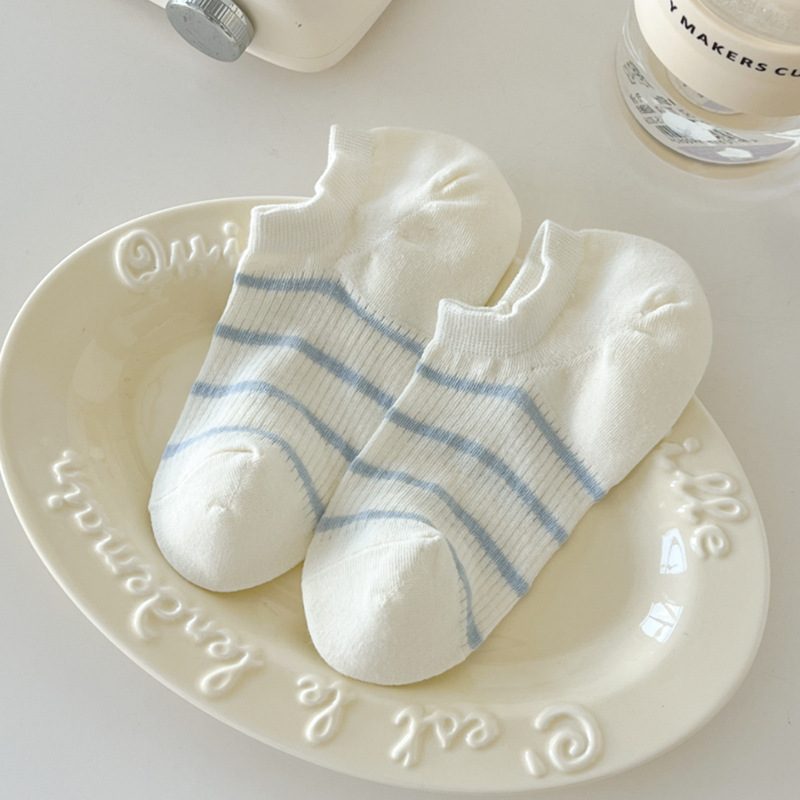 Vớ Lười Cổ Thấp Nữ Kẻ Sọc Ngang Mảnh Pastel - Tất Cotton Mỏng Thoáng Mát Phong Cách Hàn Quốc